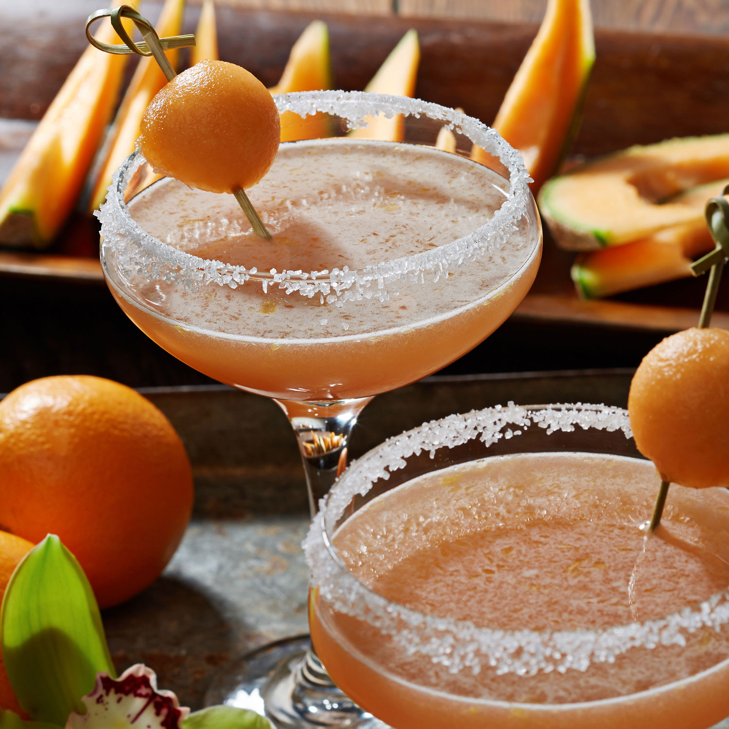 TommyBahamaCantaloupeSunsetInset Tommy Bahama's Cantaloupe Sunset Margarita with Sauza Conmemorativo Tequila with fresh orange, Watermelon Liqueur and scratch sour.