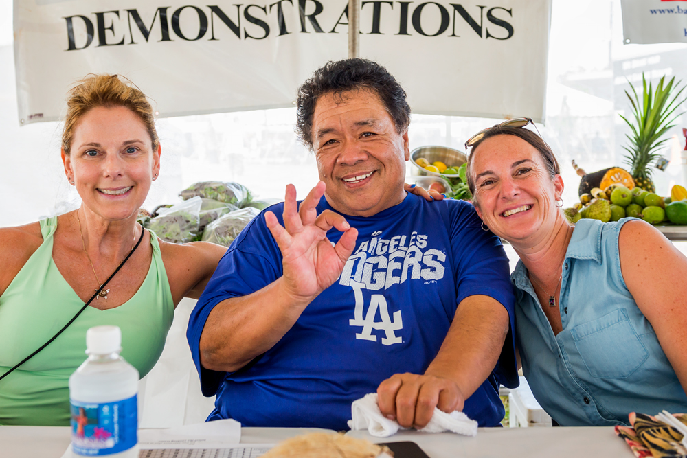 Celebrity chef Sam Choy and two audience giveaway winners judge the Tasting Kauai Coconut Cook Off. Daniel Lane photo.